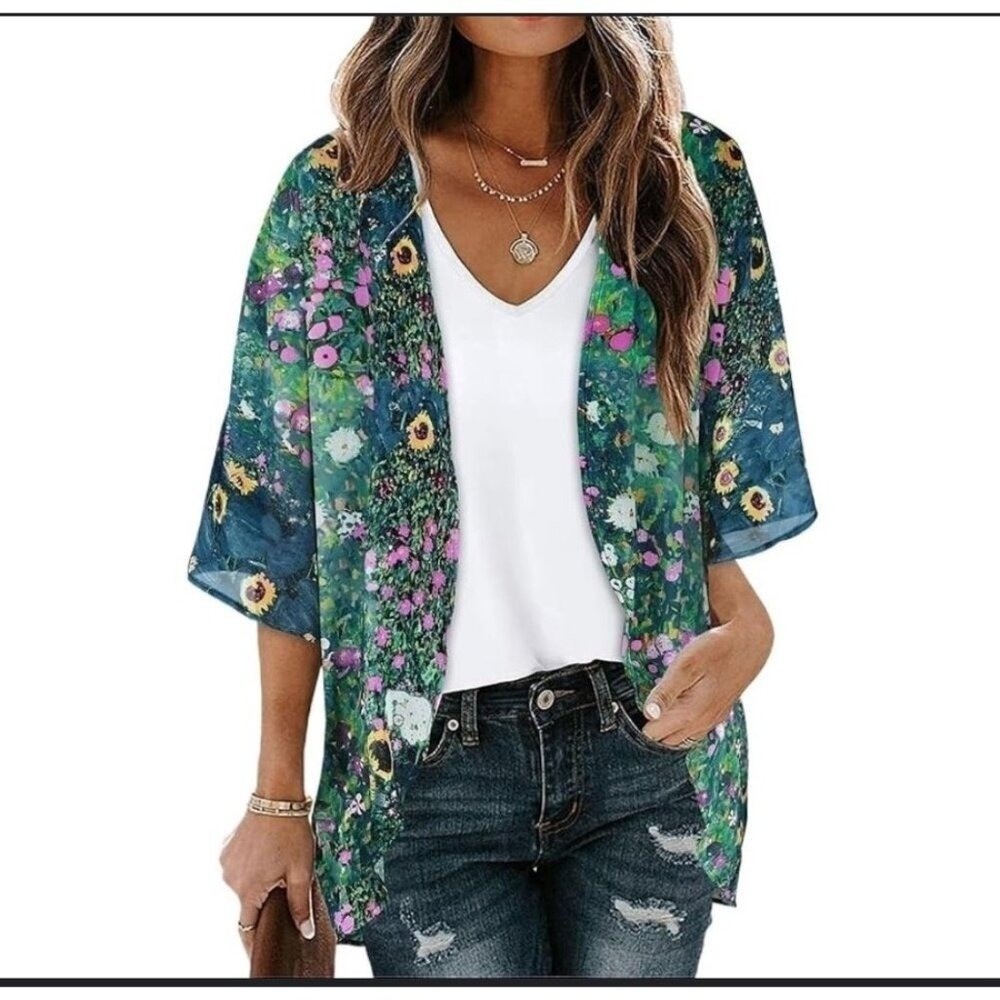 ☘️5/$25 Floral Print Kimono Swim Coverup Blue Green Sunflower Sheer XXL
